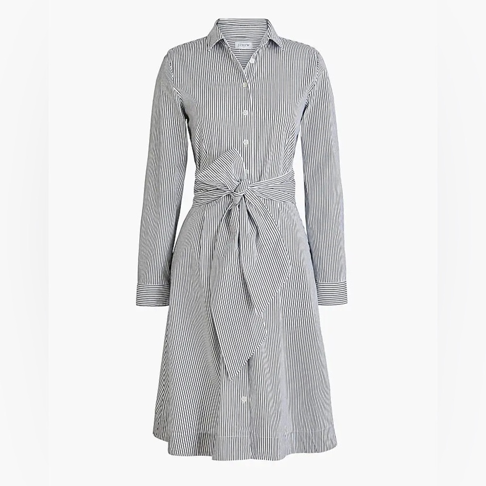 J. Crew | Navy & White Striped tie-waist shirt dress in cotton Poplin | Sz 12